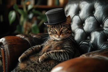 Sophisticated tabby cat relaxing in an armchair with a stylish top hat