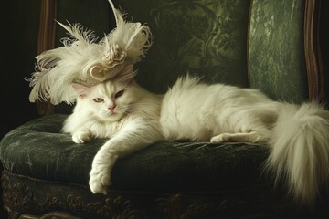 Elegant white cat with feathered hat relaxing on vintage green chair