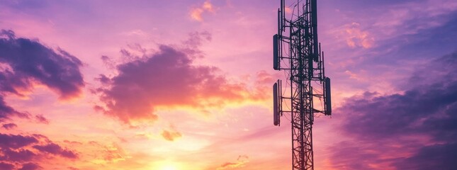 Obraz premium sunset, telecommunications, silhouette, tower, clouds, evening, technology, connection, horizon, vibrant colors A telecommunications tower silhouetted against a stunning sunset, with colorful clouds