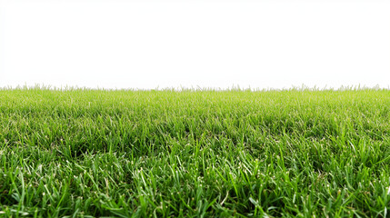 Beautiful grassy field with a blue sky and white clouds in the background. The green meadow is seen from above, creating an endless horizon.