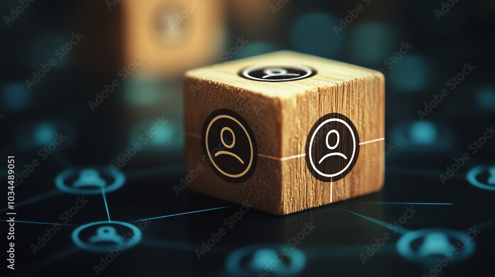 Poster a wooden block with a person icon sits on a network of glowing blue lines, representing a connection