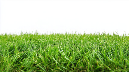 Fototapeta premium Beautiful grassy field with a blue sky and white clouds in the background. The green meadow is seen from above, creating an endless horizon.