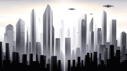 Obraz premium Futuristic cityscape with towering skyscrapers and flying drones in a misty atmosphere, AI
