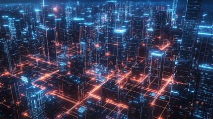 Fototapeta premium A futuristic cityscape with glowing neon lights and a grid-like pattern.