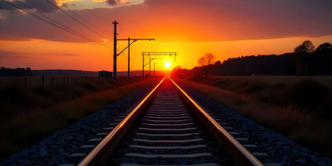 Obraz premium A railway track stretching into the sunset, bathed in warm hues of orange and pink, creating a serene and nostalgic atmosphere perfect for travel and adventure