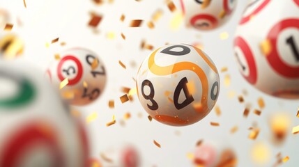 Obraz premium Lottery balls 3d vector bingo, lotto or keno gambling games colourful spheres with lucky numbers of winning combination falling with gold confetti. Gaming leisure activity recreation, lottery raffle 