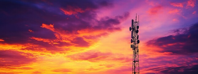 Obraz premium sunset, telecommunications, tower, clouds, vibrant colors, silhouette, telecommunication, communication, evening sky, technology image of a telecommunications tower against a stunning sunset backdrop