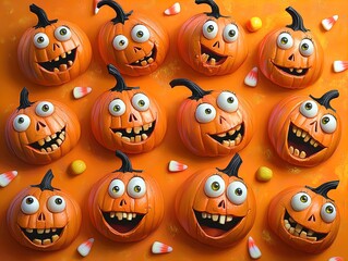 Whimsical Orange Pumpkins with Friendly Expressions: Perfect Poster for Festive Decor, Ideal for Fall-themed Sports Interiors with Colorful Candy Corn Accents