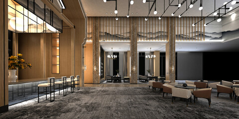 3d render luxury hotel reception lobby