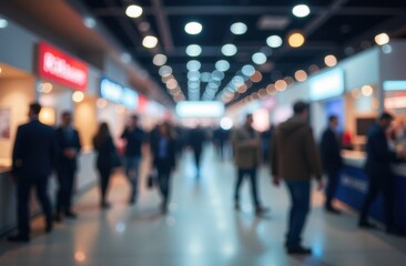 Blur, defocused background of public exhibition hall. Business tradeshow, job fair, or stock market. Organization or company event, commercial trading, or shopping mall marketing advertisement concept
