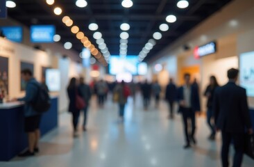 Blur, defocused background of public exhibition hall. Business tradeshow, job fair, or stock market. Organization or company event, commercial trading, or shopping mall marketing advertisement concept