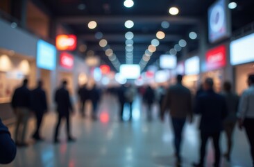 Blur, defocused background of public exhibition hall. Business tradeshow, job fair, or stock market. Organization or company event, commercial trading, or shopping mall marketing advertisement concept