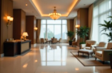 Fototapeta premium Defocused background of luxury hotel lobby. Hospitality industry, business travel, or tourism. Elegant design, modern interior, or high-end service concept