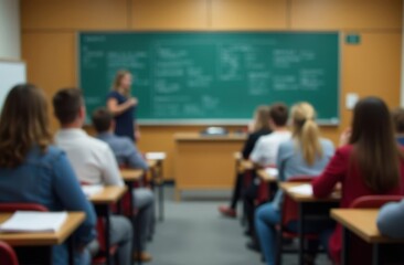 Fototapeta premium Out of focus background of educational classroom or lecture hall. Academic learning, college environment, or school activity. Student life, teaching, or professional development concept