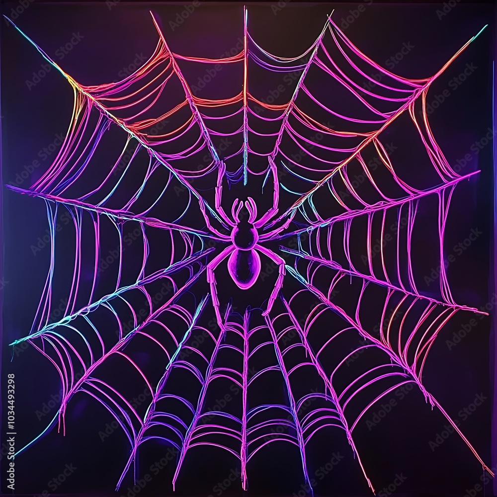 Poster colorful spiderweb design highlighted by intricate patterns and bright neon lights