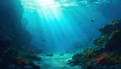 Fototapeta premium A serene underwater scene showcasing the beauty of the sea or ocean, with vibrant marine life and intricate coral formations, capturing the essence of deep nature.