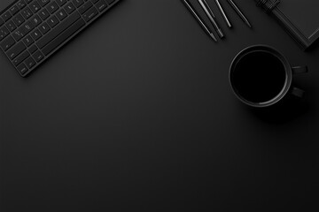 Black desk background with a coffee cup, keyboard