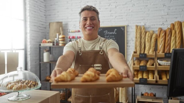 Man holding freshly baked croissants in a cozy bakery shop filled with various types of bread and other pastries