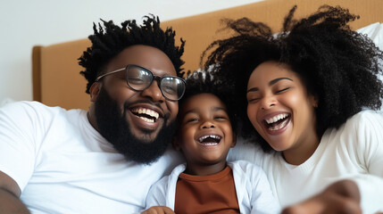 Happy african american family enjoying quality time together while relaxing in bed at home