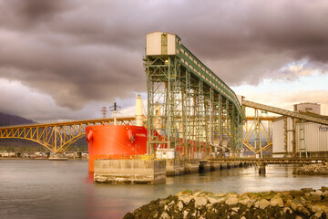 :Grain Terminal And Ship At Vancouver's Port In Canada British Columbia Merchant Harbour