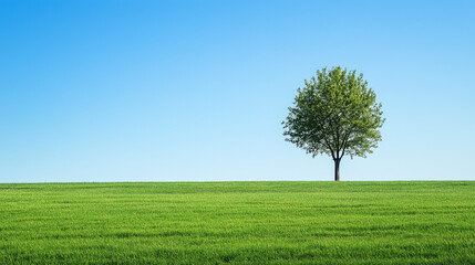 Obraz premium One tree on a green, grassy field with a blue sky background.