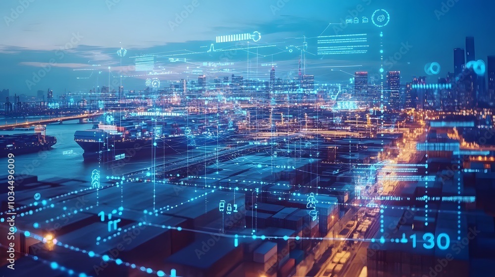 Poster a cityscape with a network of digital connections overlapping a container port at night