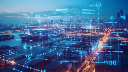 A Cityscape with a Network of Digital Connections Overlapping a Container Port at Night
