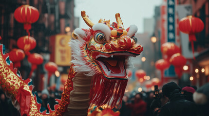 Traditional chinese dragon dancing in the street during lunar new year celebrations, with blurred tourists in background