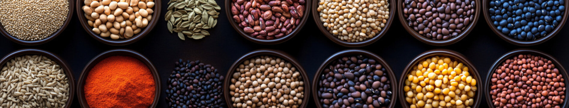 A colorful array of spices and herbs arranged in small bowls, including cumin powder, turmeric roots, cardamom seeds,