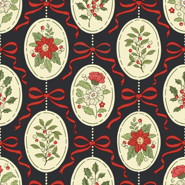 Retro Christmas vector seamless pattern: oval floral cameos, red ribbons. Nostalgic winter botanical design with poinsettia, mistletoe and holly. Vintage Victorian traditional framed holiday motifs