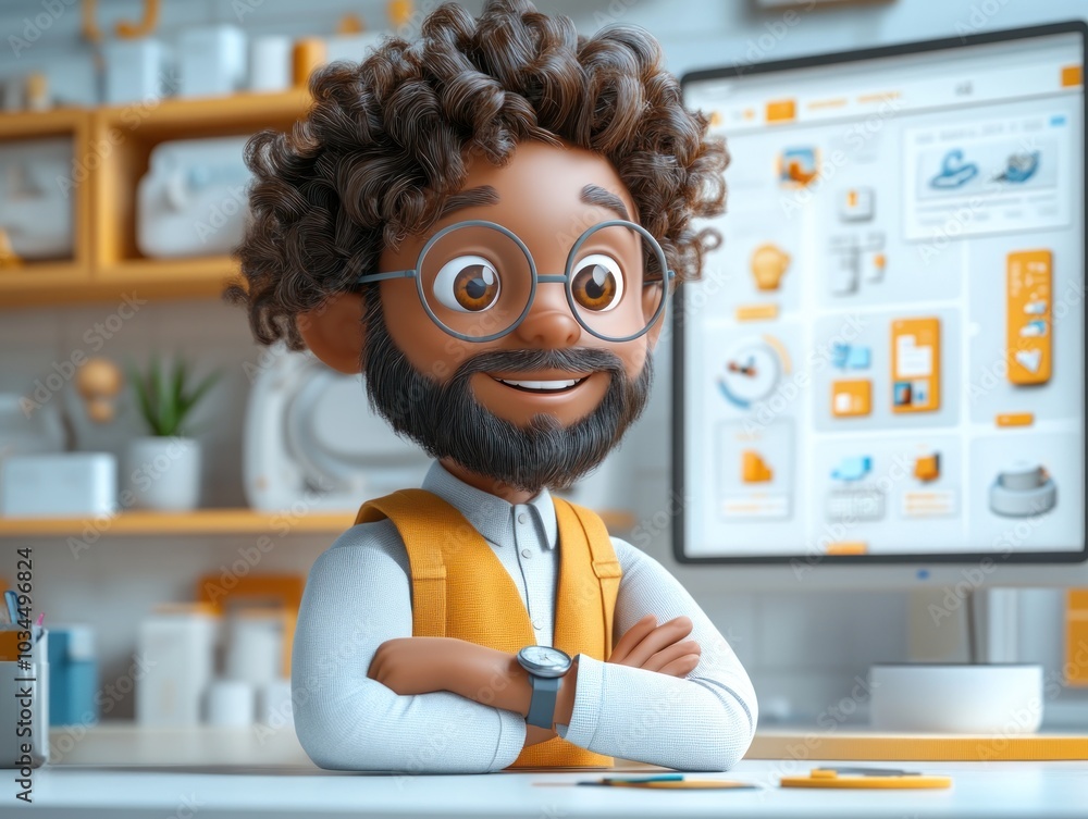 Poster smiling cartoon man working on computer