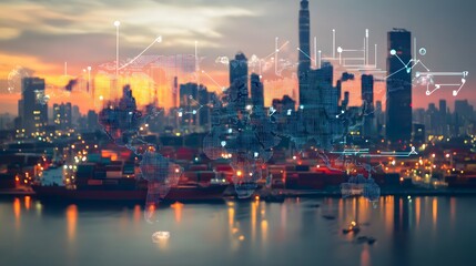 Fototapeta premium Digital World Map Projected Over a Cityscape at Sunset