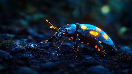 Glowing beetle fluttering among colorful plants in fantasy forest night picture