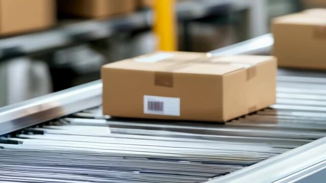 A conveyor belt with cardboard box packages in a warehouse.