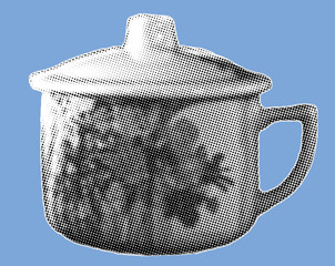 close up dirty cup of coffee pixelate grayscale color halftone dotted texture style collage element isolated on blue background