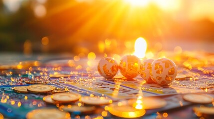 Lottery tickets with lucky numbers, coins and balls on the sunny background 