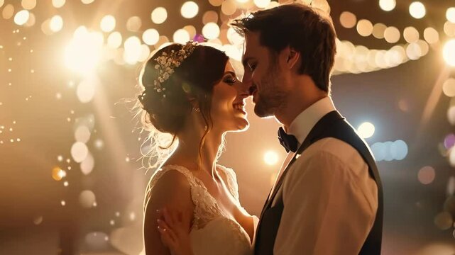 Bride and groom sharing a first dance under fairy lights, Video
