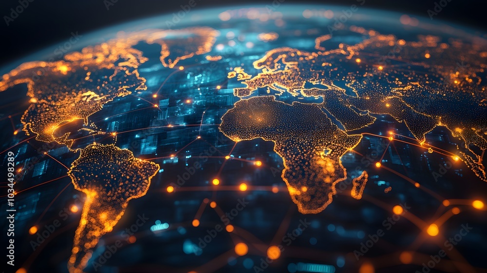 Poster global network with illuminated continents and connections