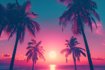 Palm trees on the beach. Silhouettes of palm trees against a neon sunset. Summer pink tropical background. The concept of travel and vacation.