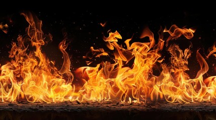 Obraz premium Flames rise in vibrant tongues, cutting through the dark background with their warm, fierce light.