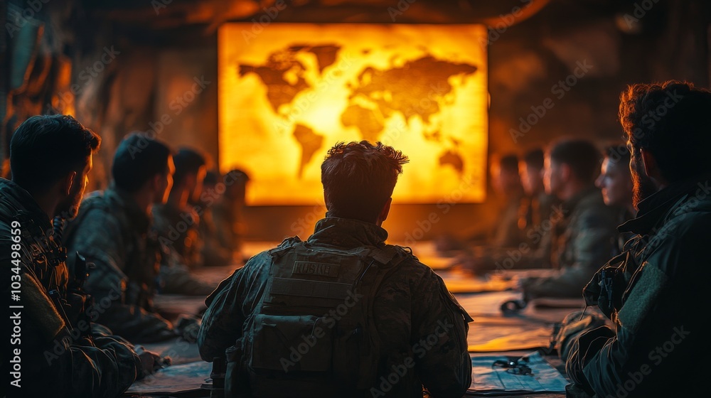 Aufkleber in a dimly lit command center, military personnel gather around a large world map, engaged in an int
