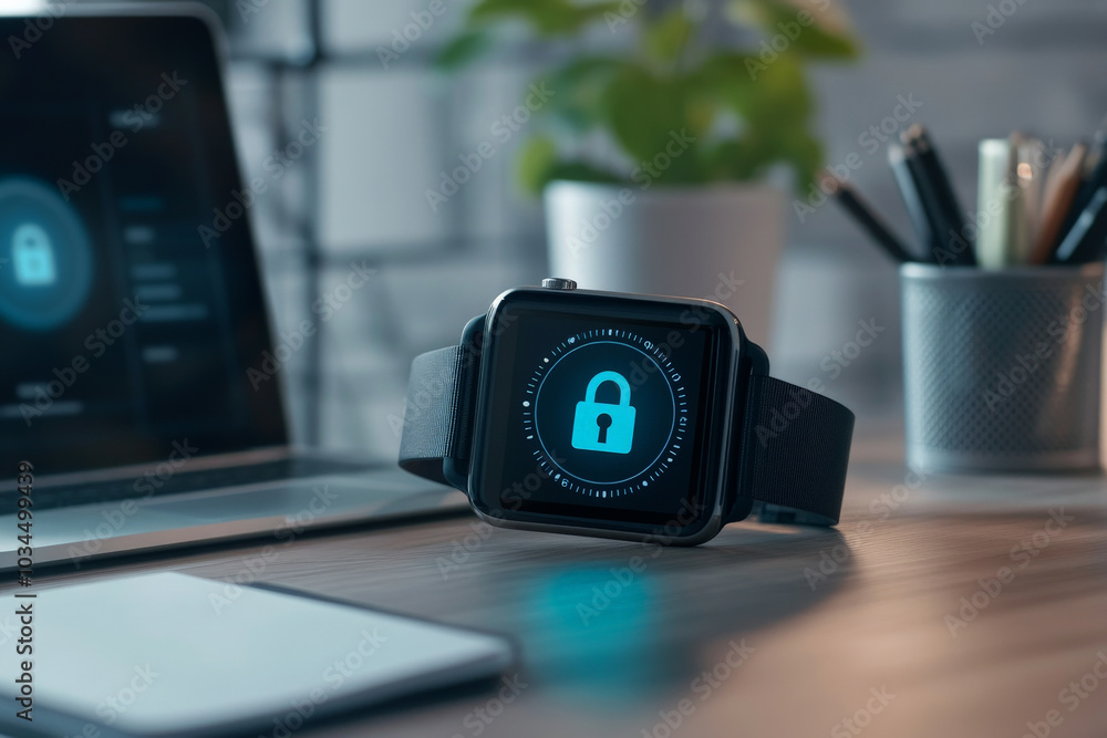 Poster a close-up shot of a smartwatch screen displaying a lock icon, set in a modern, clean workspace. the
