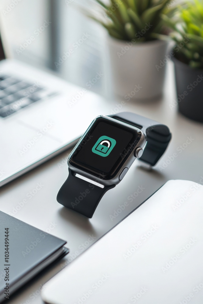 Poster a close-up of a smartwatch screen displaying a lock icon, sitting on a clean and minimal desk. the w