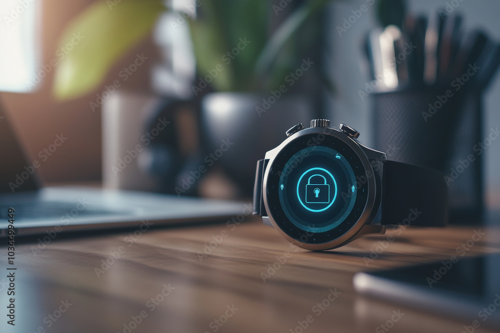 Poster a close-up shot of a smartwatch screen displaying a lock icon, set in a modern, clean workspace. the