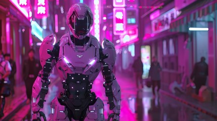 Advanced cyborg police patrolling a neon-lit street 