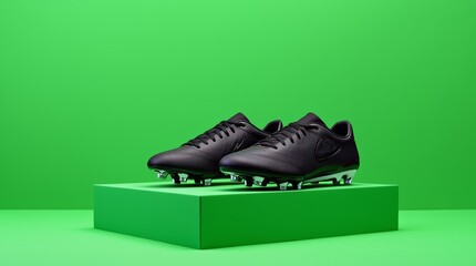 Black soccer cleats displayed on a circular green pedestal against a vibrant green background