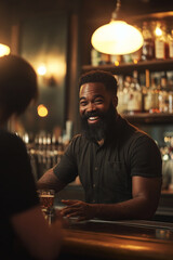 A charismatic African American bartender with a thick beard, engaging smile, and welcoming personality chats with customers at a lively pub. The pub is filled with warm, cozy light, creating a relaxed
