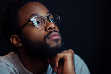 A young Black man with glasses and a beard gazes into the distance thoughtfully, his chin resting on his hand. The dark background enhances his contemplative mood, emphasizing the depth of his
