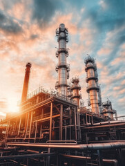 A stunning industrial scene featuring towering smokestacks against a vibrant sunset sky, showcasing the beauty of modern engineering.