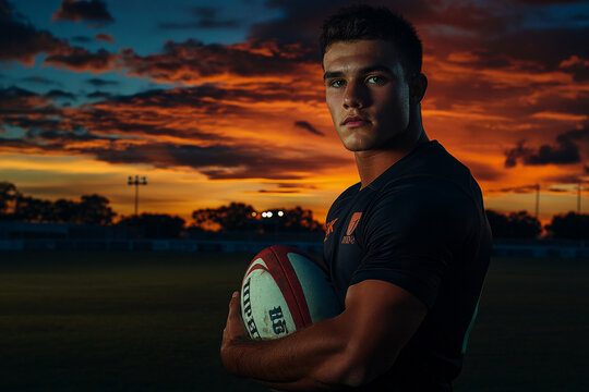 A powerful rugby league player poses on an empty stadium field at sunset, holding a rugby ball with confidence. The beautiful sunset casts a warm glow over the scene, creating a dramatic and inspiring - Powered by Adobe